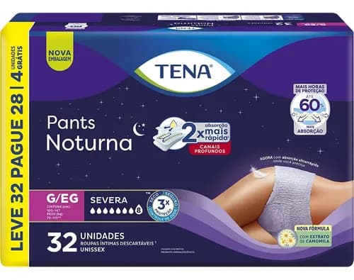 Roupa Íntima Descartável Tena Pants Noturna G/EG Leve 32 Pague 28 Unidades