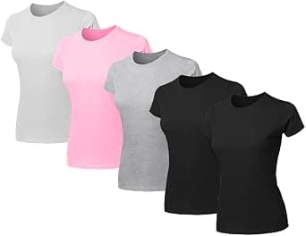 Kit 5 Blusas Feminina Tshirt Algodão Camiseta Baby Look Slim Fit Gola Redonda Básica (BR, Alfa, P, Regular, Preto, Cinza, Rosa, Branco)