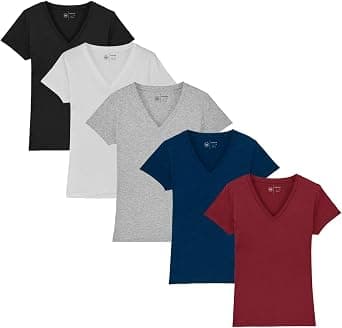 Kit 5 Camisetas Babylook Feminina Básica Algodão Gola V By Zaroc (as2, alpha, s, regular, Preto/Marinho/Branco/Cinza/Bordô)